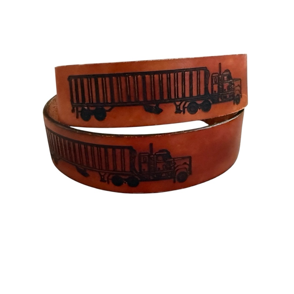 Vintage Tooled Transport Truck Brown Leather Belt Size 34 Removable Buckle USA - Picture 3 of 13